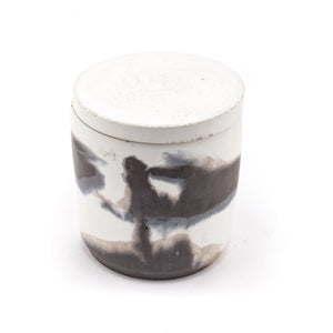 100% soy handpoured candle in a handmade swirled concrete jar. lavender, musk, tobacco, scents