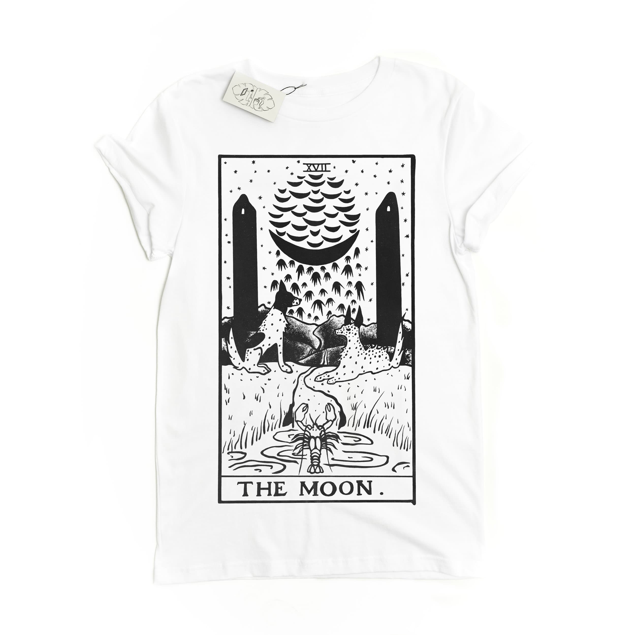 White eco-friendly tshirt with The Moon Tarot Card design. Tarot card shirt.