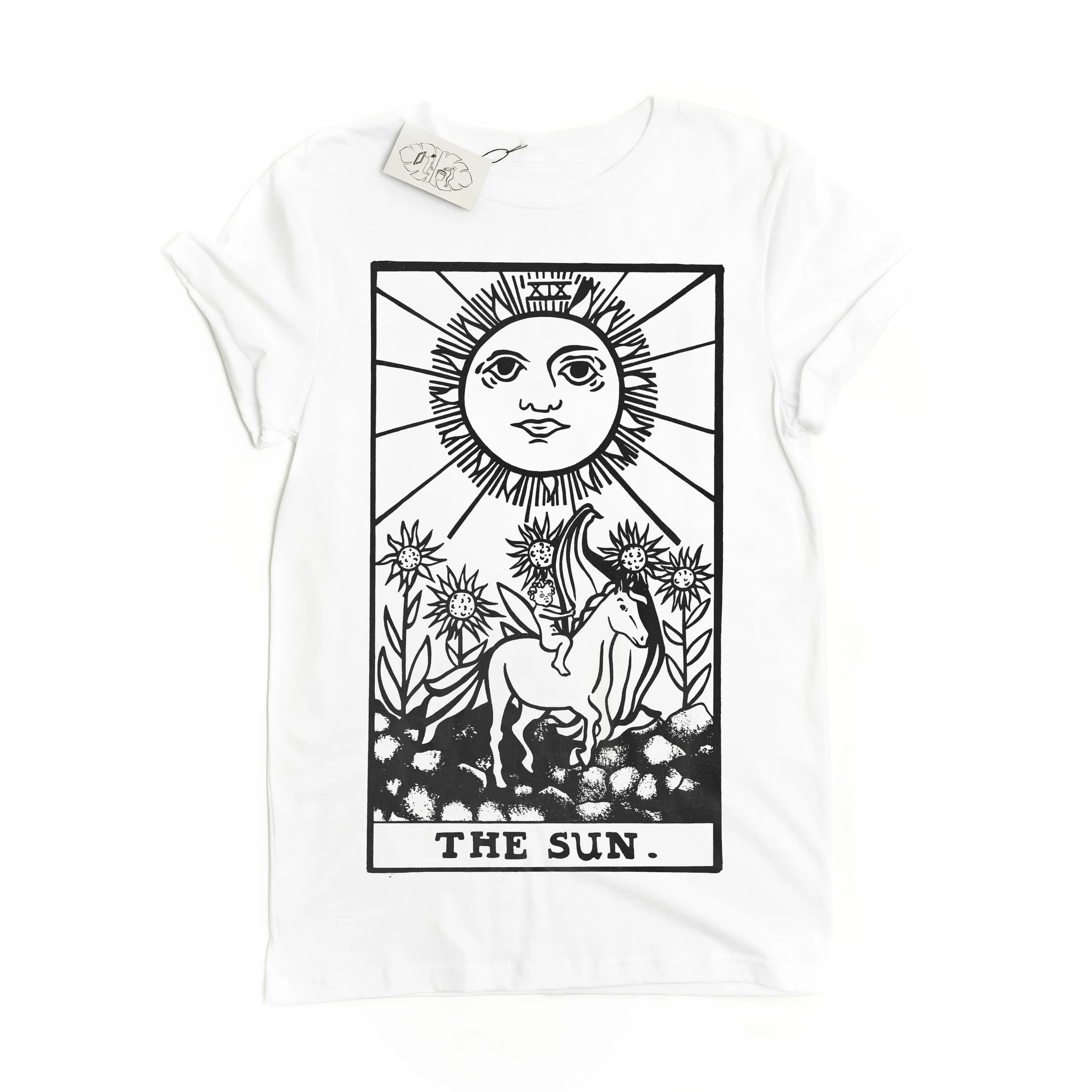 White eco-friendly tshirt with The Sun Tarot Card design. Tarot card shirt.